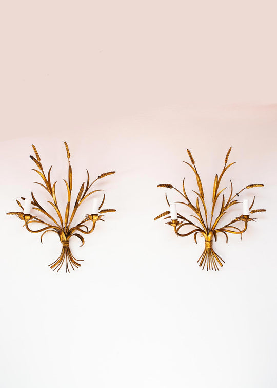 Pareja apliques italianos Banci metal dorado hojas y espigas c. 1960/70 (56*50 cm)