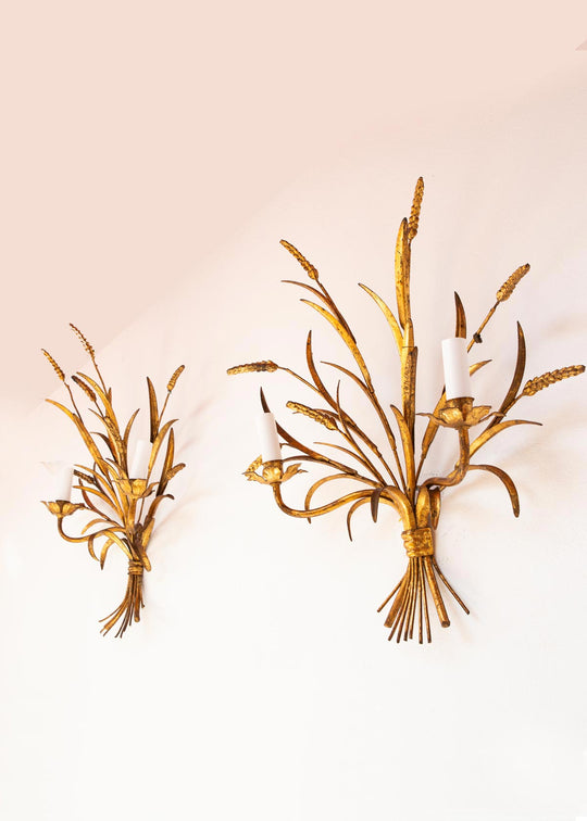 Pareja apliques italianos Banci metal dorado hojas y espigas c. 1960/70 (56*50 cm)