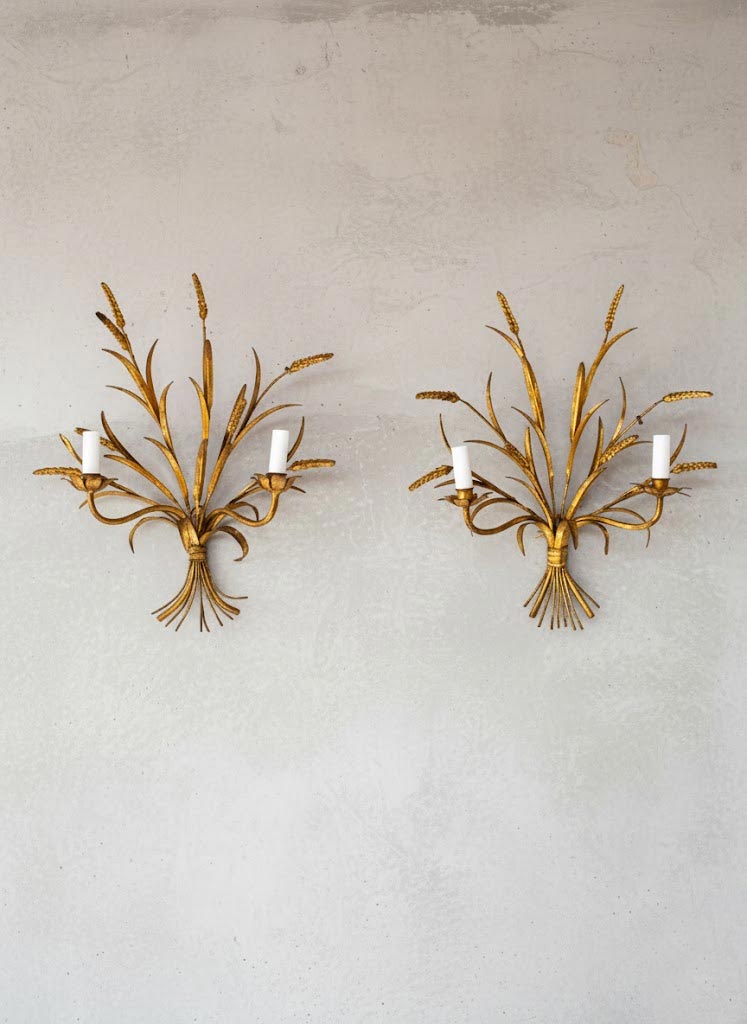 Pareja apliques italianos Banci metal dorado hojas y espigas c. 1960/70 (56*50 cm)