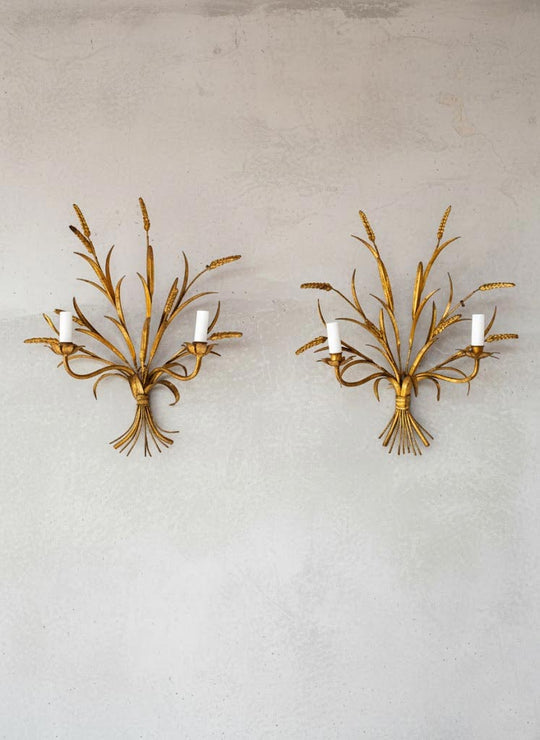 Pareja apliques italianos Banci metal dorado hojas y espigas c. 1960/70 (56*50 cm)