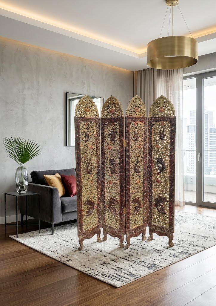 Gran biombo oriental madera policromada 4 hojas c. 1930 (179*140 cm)