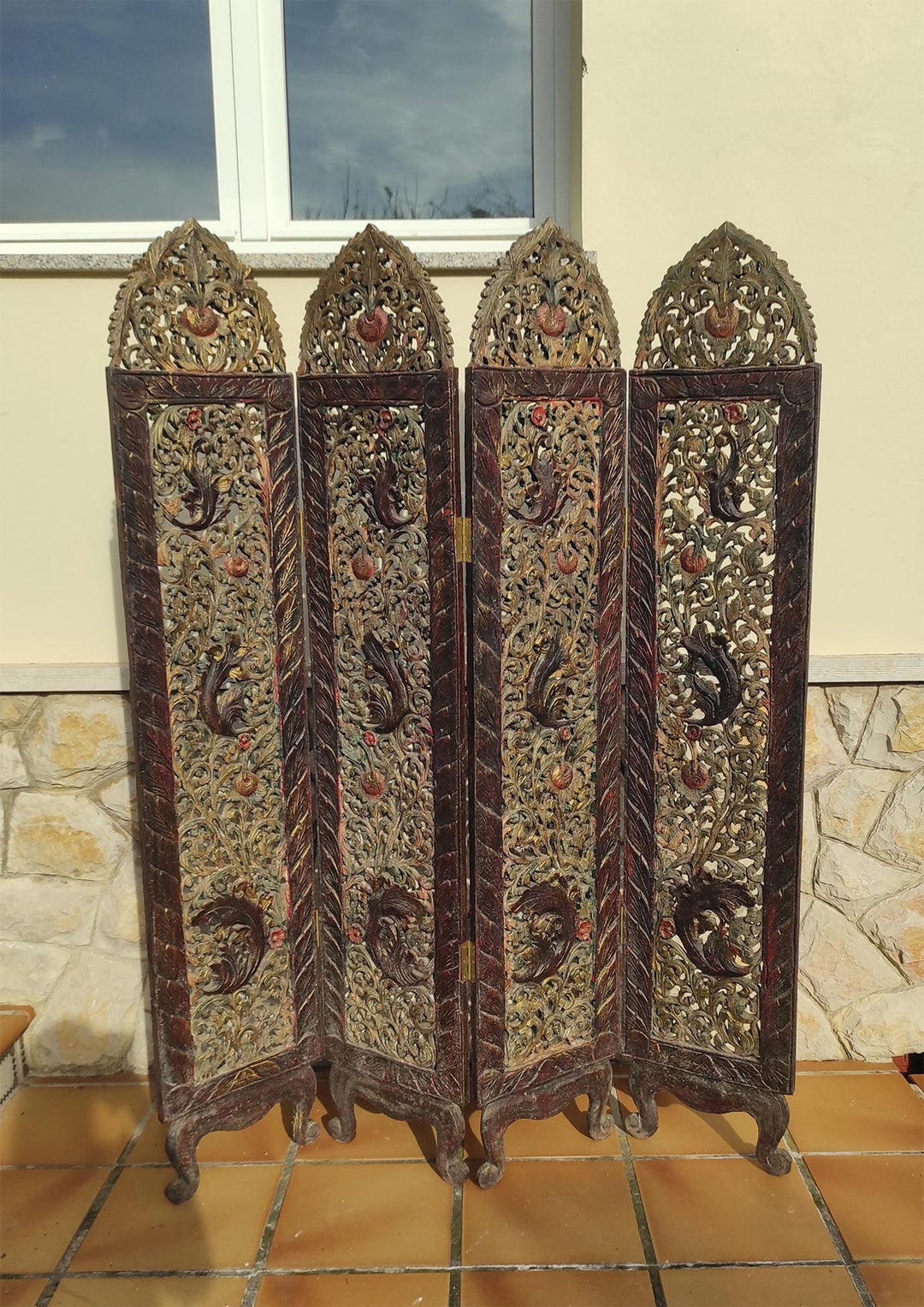 Gran biombo oriental madera policromada 4 hojas c. 1930 (179*140 cm)