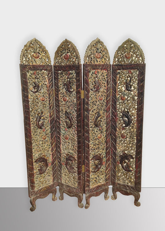 Gran biombo oriental madera policromada 4 hojas c. 1930 (179*140 cm)