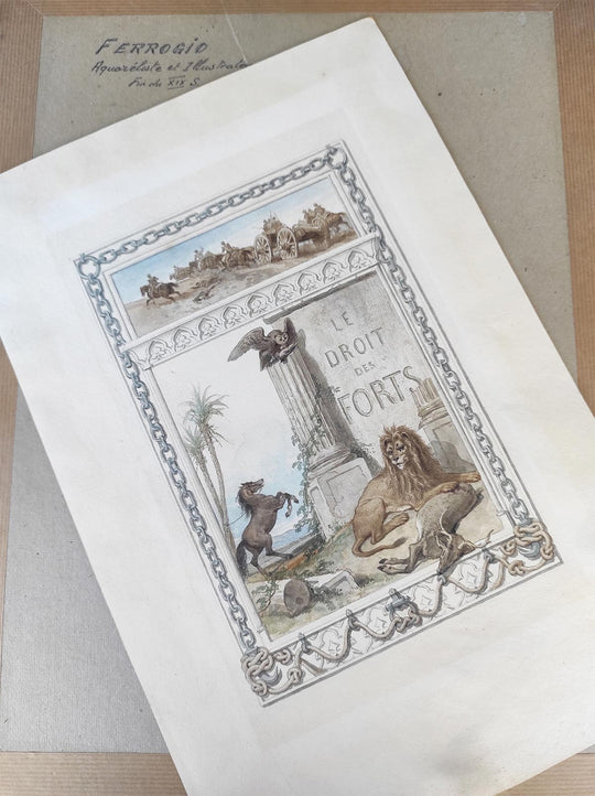 Acuarela original François Fortuné Ferogio (1805-1888). Alegoría "Le Droit des Forts"