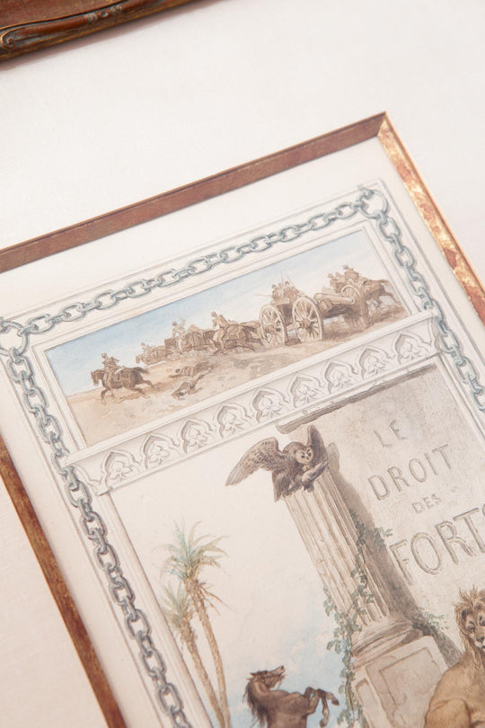 Acuarela original François Fortuné Ferogio (1805-1888). Alegoría "Le Droit des Forts"
