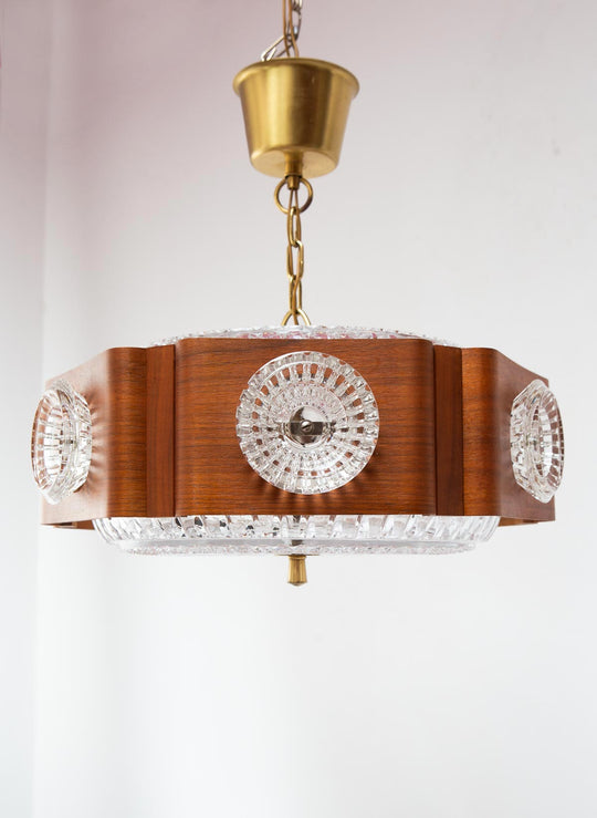 Lámpara techo sueca madera y cristal Orrefors c. 1970s (38 cm)