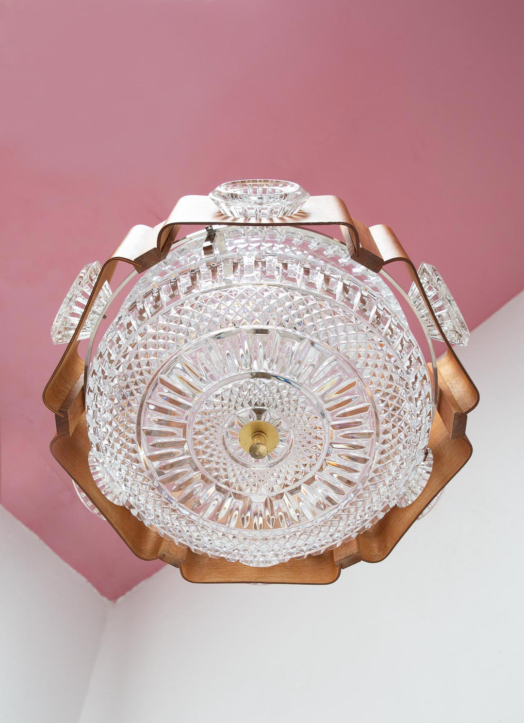 Lámpara techo sueca madera y cristal Orrefors c. 1970s (38 cm)