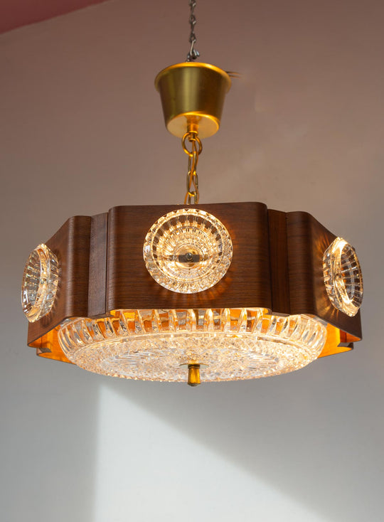 Lámpara techo sueca madera y cristal Orrefors c. 1970s (38 cm)