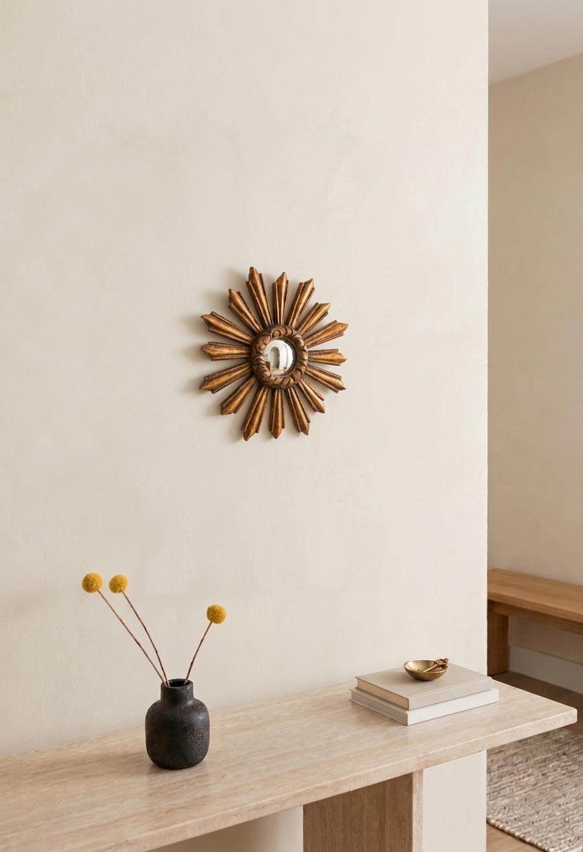 Espejo sol vintage ojo de bruja madera dorada (39 cm)