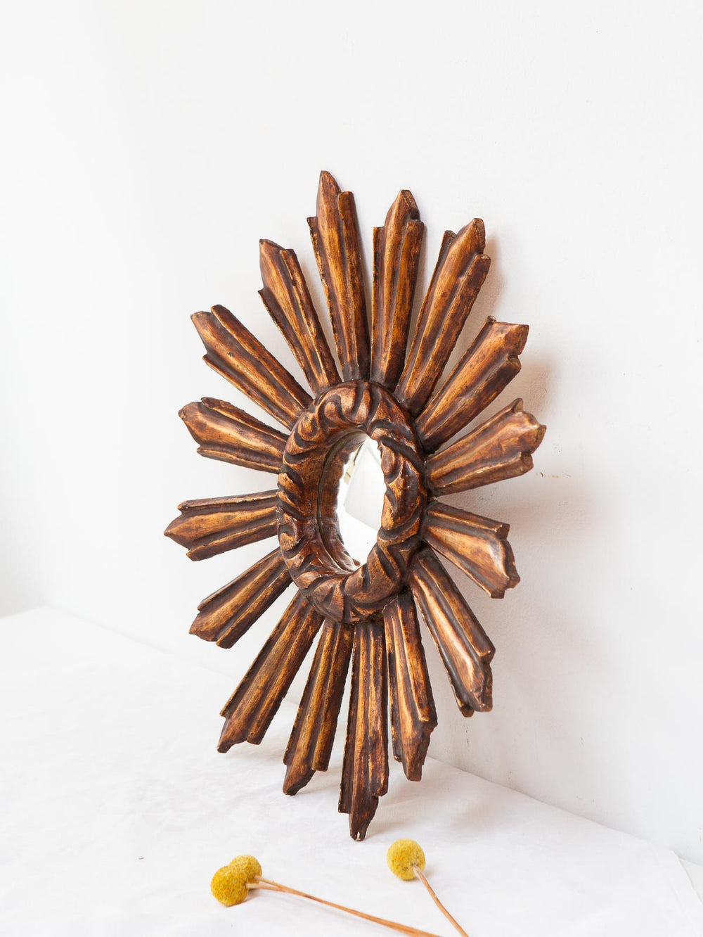 Espejo sol vintage ojo de bruja madera dorada (39 cm)