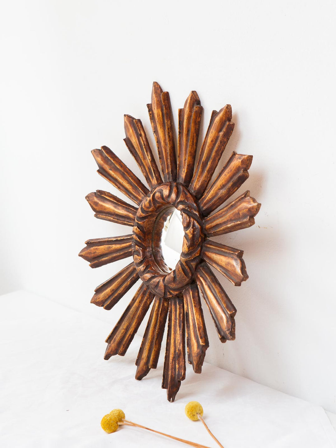Espejo sol vintage ojo de bruja madera dorada (39 cm)