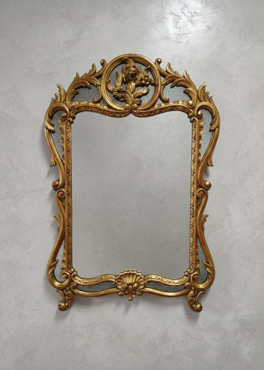 Antiguo espejo francés madera dorada estilo Luis XV barroco (100*66 cm)