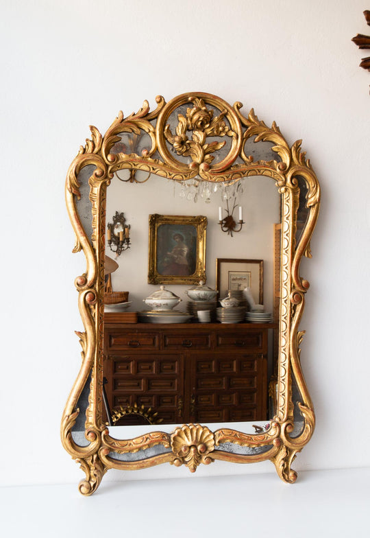 Antiguo espejo francés madera dorada estilo Luis XV barroco (100*66 cm)