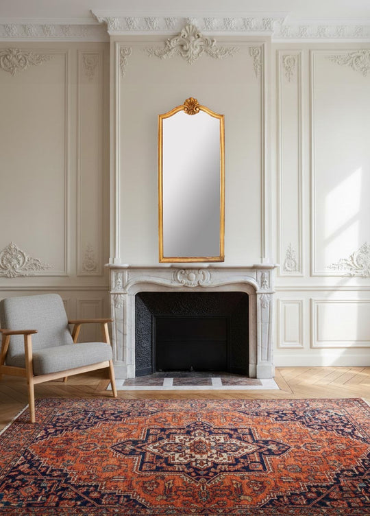 Espejo francés madera dorada oro fino con copete concha c. 1950s (124*51 cm)