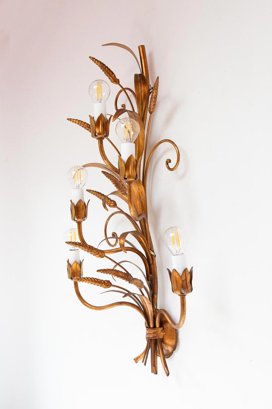 Gran aplique italiano metal dorado hojas y espigas s. XX (73 cm)