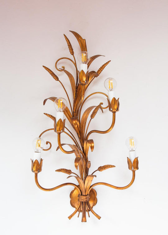 Gran aplique italiano metal dorado hojas y espigas s. XX (73 cm)