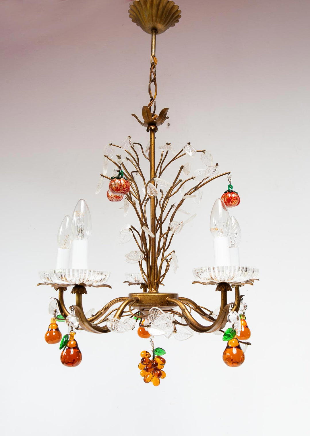 Chandelier italiano metal cobrizo hojas cristal y frutas colores (49 cm)