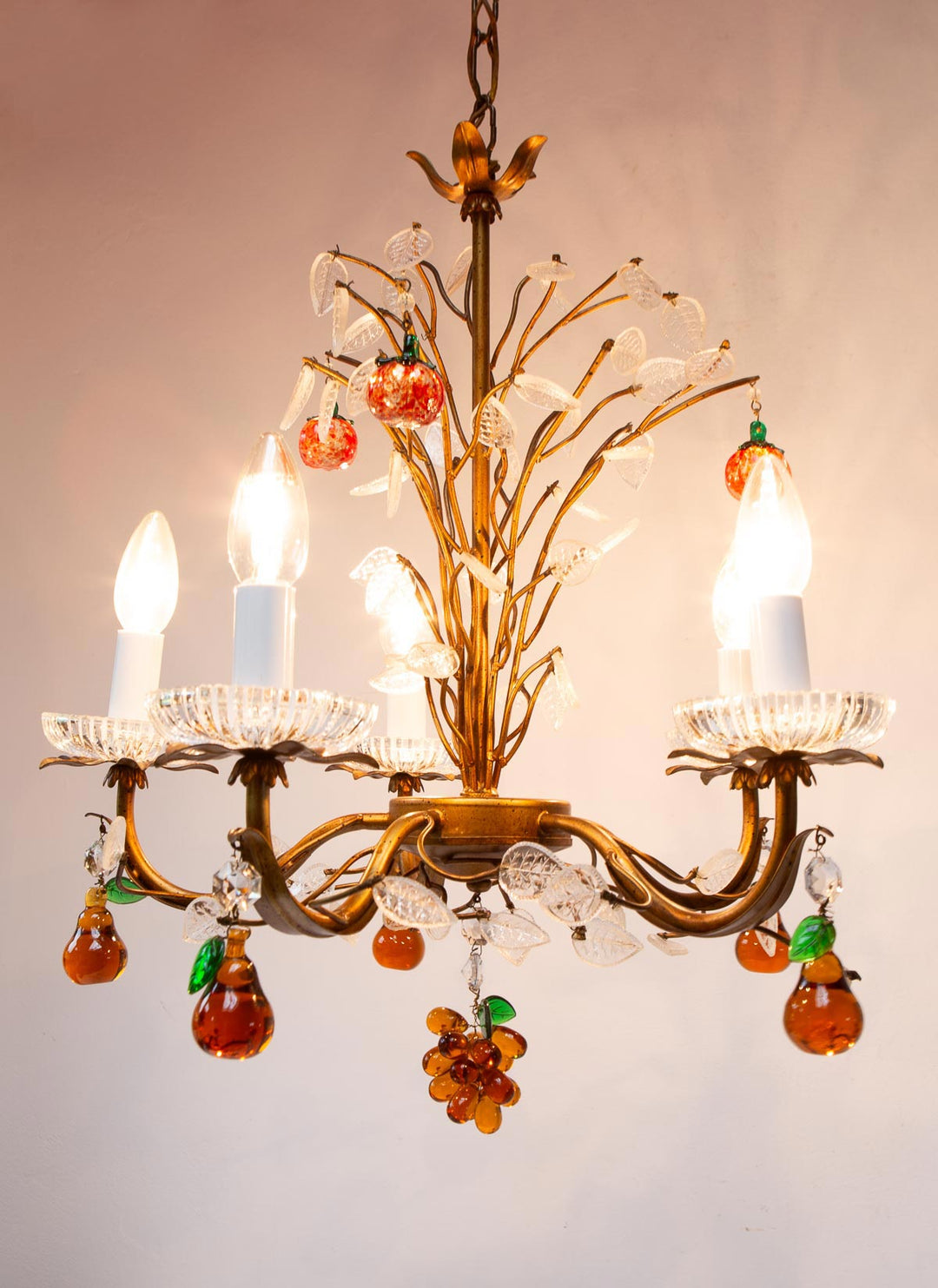 chandelier italiano metal hojas y frutas cristal