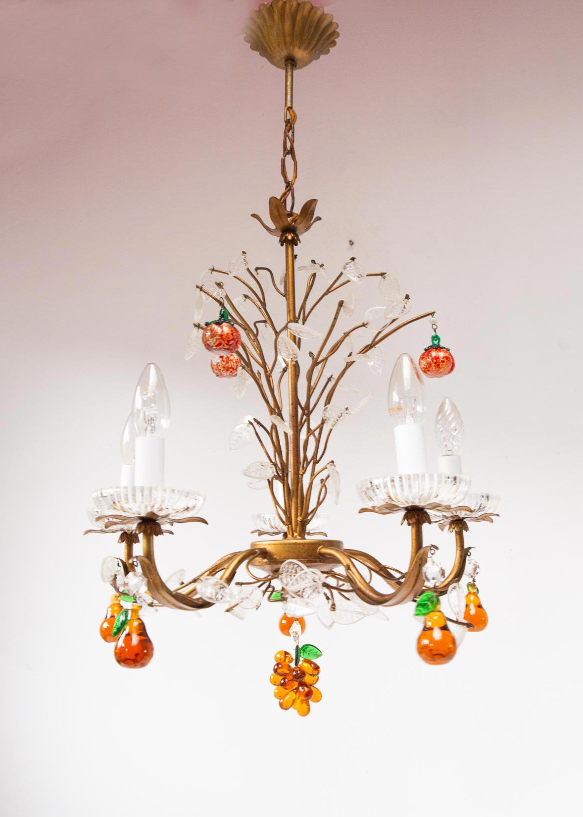 chandelier italiano metal hojas y frutas cristal
