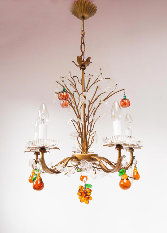chandelier italiano metal hojas y frutas cristal