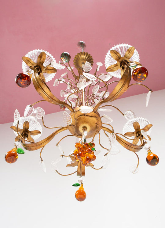 Chandelier italiano metal cobrizo hojas cristal y frutas colores (49 cm)