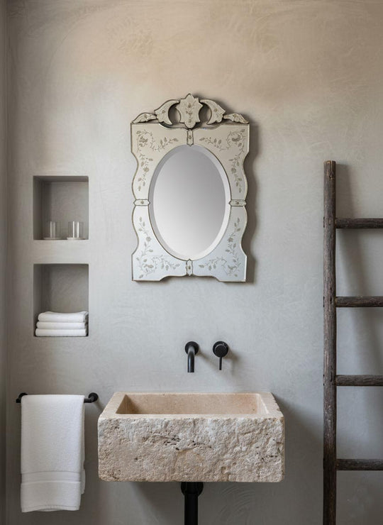 Espejo veneciano rectangular "pájaros" con cristal oval biselado y copete c. 1950