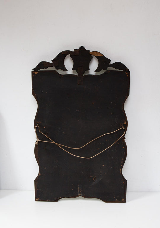 Espejo veneciano rectangular "pájaros" con cristal oval biselado y copete c. 1950