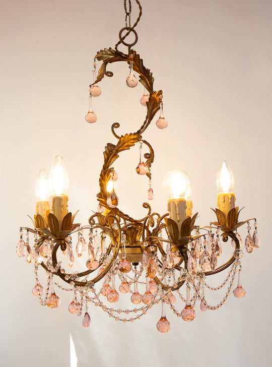 Chandelier italiano metal dorado y cristales rosa (52 cm)