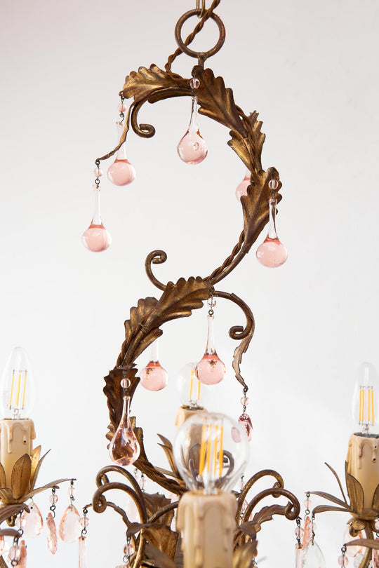 Chandelier italiano metal dorado y cristales rosa (52 cm)