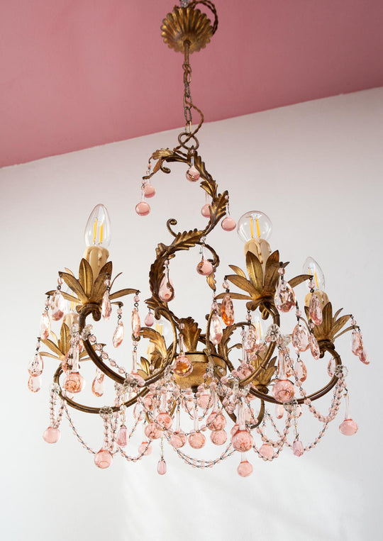 Chandelier italiano metal dorado y cristales rosa (52 cm)