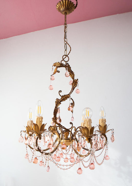 Chandelier italiano metal dorado y cristales rosa (52 cm)