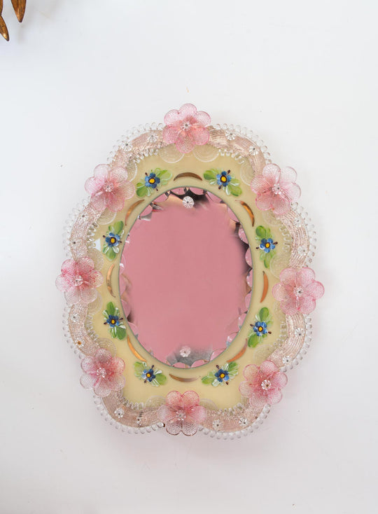 Pequeño espejo cristal Murano flores rosa c. 1950 (34*27)