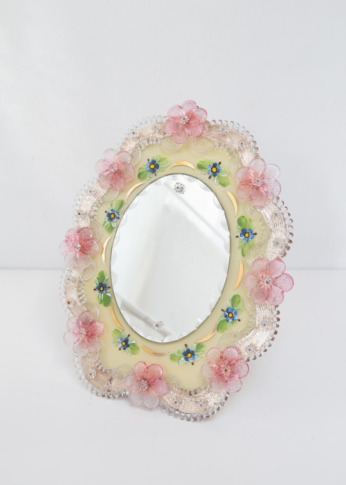 espejo vintage cristal murano flores rosa