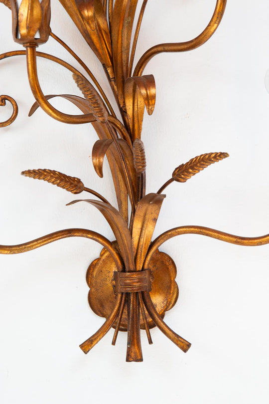 Gran aplique italiano metal dorado hojas y espigas s. XX (73 cm)