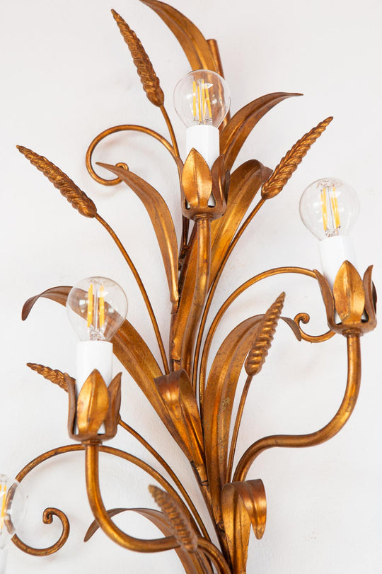 Gran aplique italiano metal dorado hojas y espigas s. XX (73 cm)
