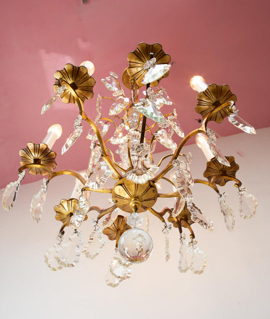 Antiguo chandelier francés latón, bronce y cristales c. 1930s (52 cm)