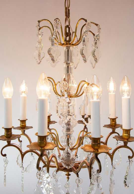 Antiguo chandelier francés latón, bronce y cristales c. 1930s (52 cm)