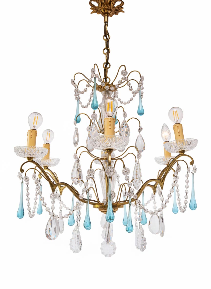 Chandelier francés bronce cristales gotas azules c. 1960 (61 cm)