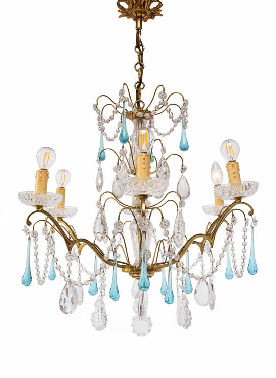 Chandelier francés bronce cristales gotas azules c. 1960 (61 cm)