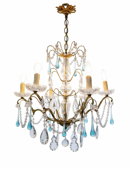 Chandelier francés bronce cristales gotas azules c. 1960 (61 cm)