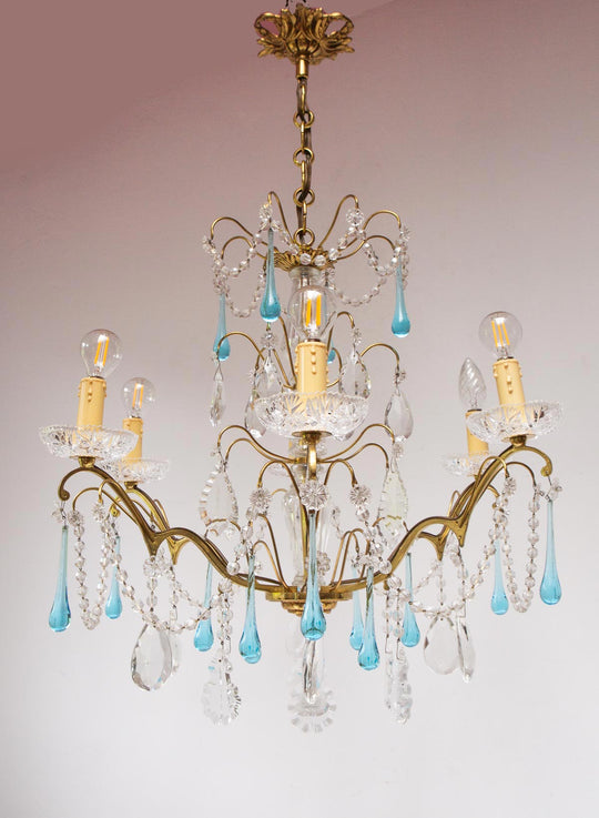 Chandelier francés bronce cristales gotas azules c. 1960 (61 cm)
