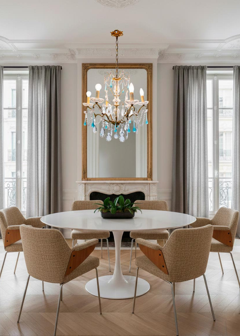 Chandelier francés bronce cristales gotas azules c. 1960 (61 cm)