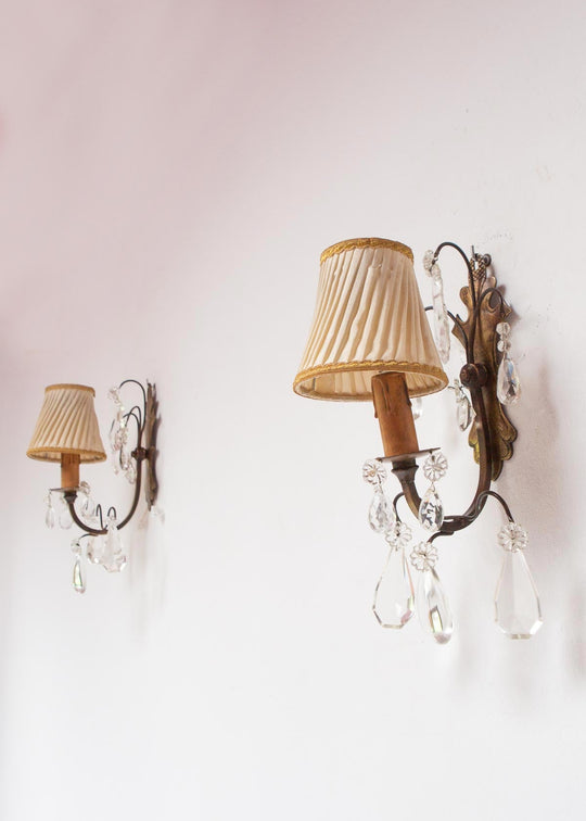 Pareja antiguos apliques franceses latón y cristales c. 1930