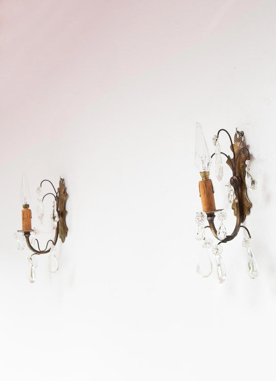 Pareja antiguos apliques franceses latón y cristales c. 1930