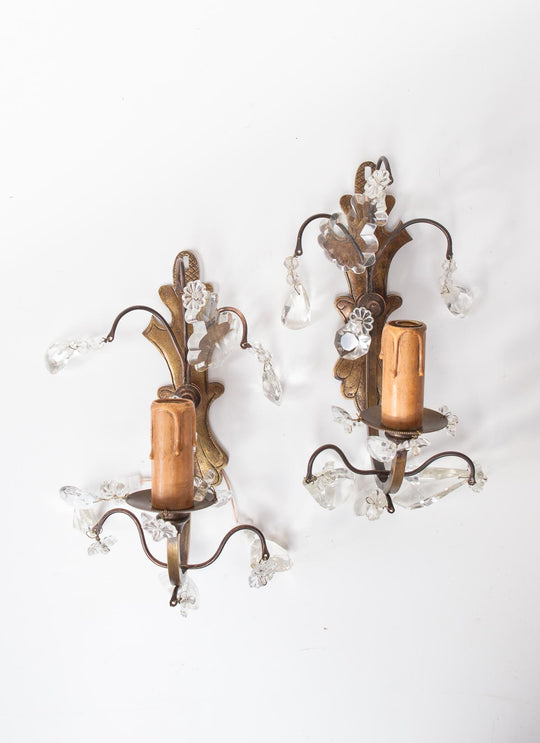 Pareja antiguos apliques franceses latón y cristales c. 1930