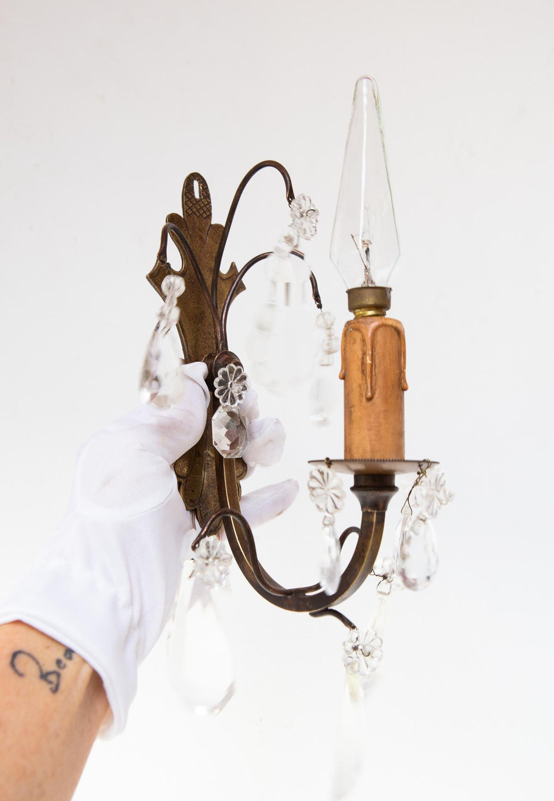 Pareja antiguos apliques franceses latón y cristales c. 1930