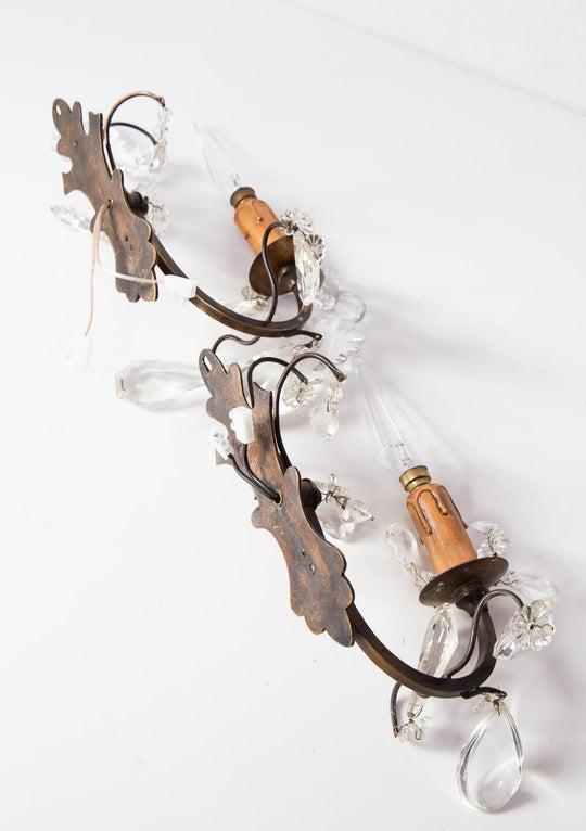 Pareja antiguos apliques franceses latón y cristales c. 1930