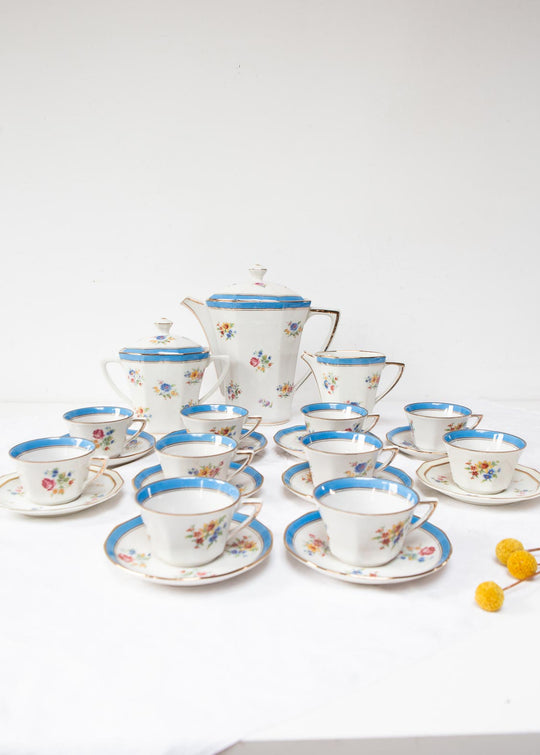 Juego de café porcelana A BLIN Vierzon flores AZUL, años 1920–1930, (10 SERVICIOS)