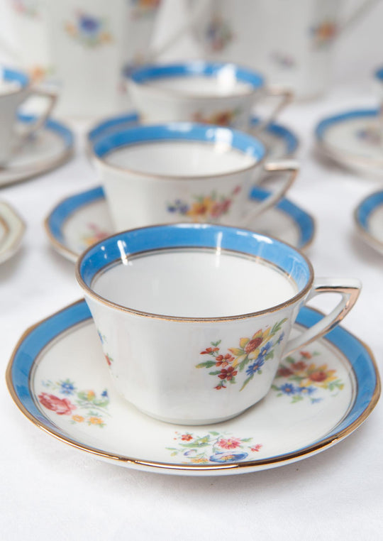 Juego de café porcelana A BLIN Vierzon flores AZUL, años 1920–1930, (10 SERVICIOS)