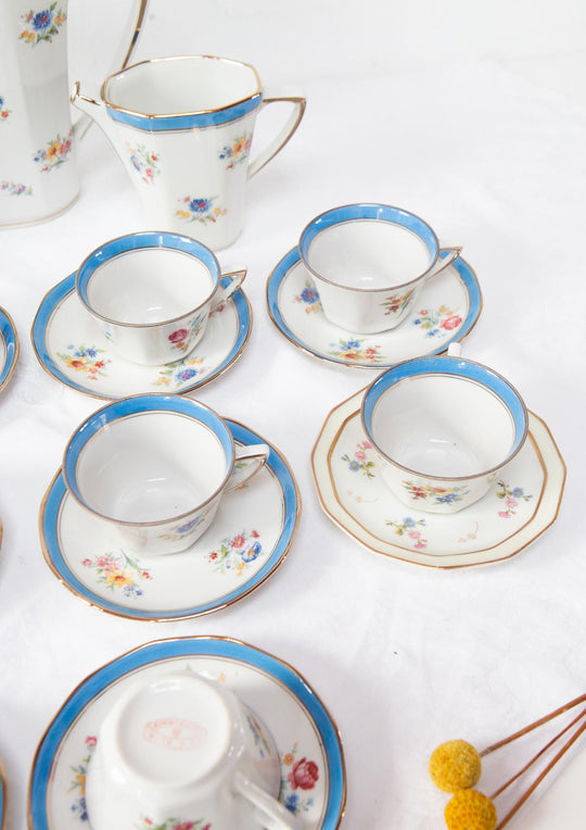 Juego de café porcelana A BLIN Vierzon flores AZUL, años 1920–1930, (10 SERVICIOS)